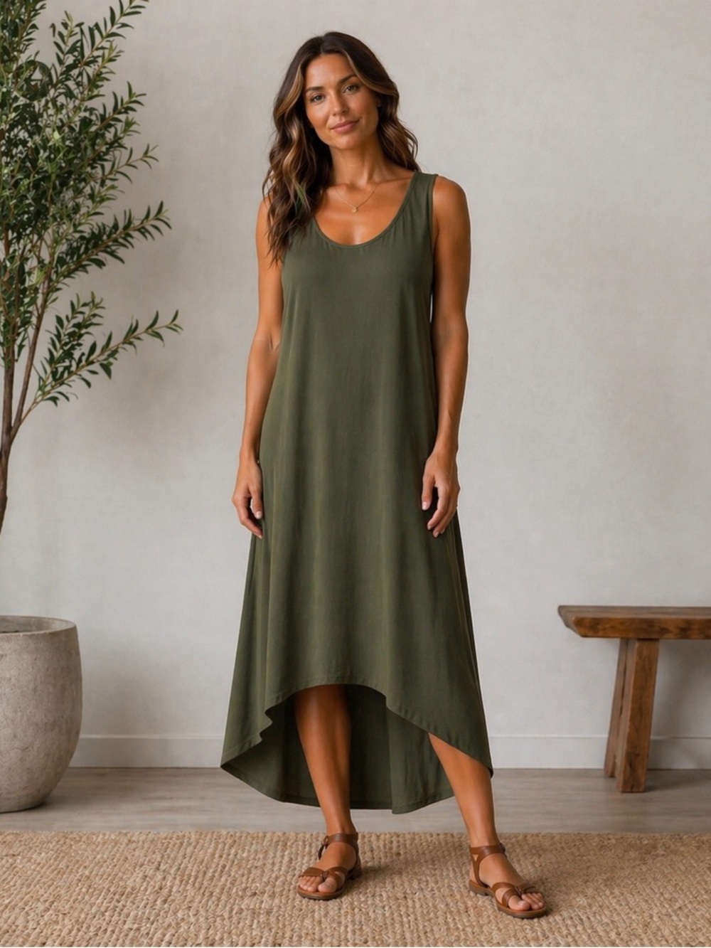United by blue Olive Green Midi Dress Sleeveless Hi Low Casual Summer